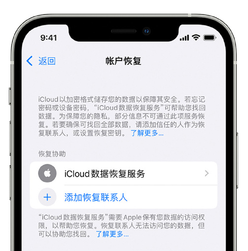 嘉鱼苹果手机维修分享在 iPhone 上设置帐户恢复联系人的方法 